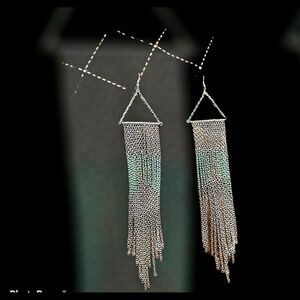 𝅺LONG silver tone & turquoise chain earrings